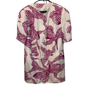 Louis Feraud Vintage Silk Dress Pink Bow Print Buttons Lined Short Sleeve 14